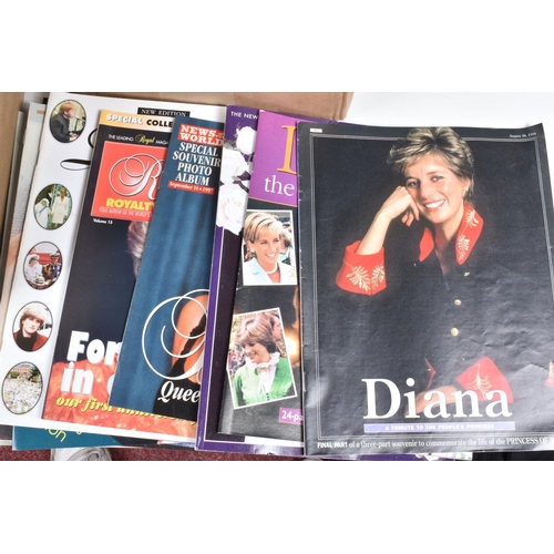 91 - TWO BOXES OF HARDBACK AND PAPERBACK BOOKS & EPHEMERA, mostly relating to Diana, Princess of Wales, t... 