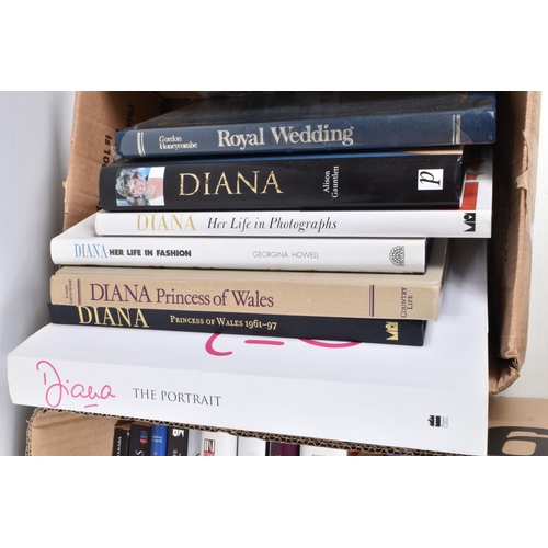 91 - TWO BOXES OF HARDBACK AND PAPERBACK BOOKS & EPHEMERA, mostly relating to Diana, Princess of Wales, t... 