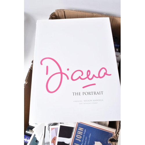 91 - TWO BOXES OF HARDBACK AND PAPERBACK BOOKS & EPHEMERA, mostly relating to Diana, Princess of Wales, t... 