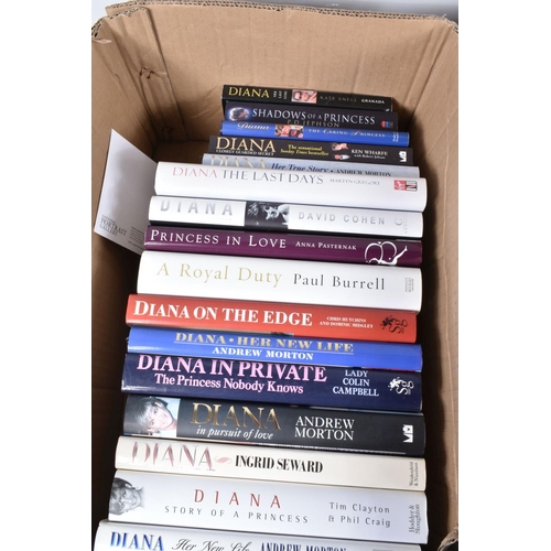 91 - TWO BOXES OF HARDBACK AND PAPERBACK BOOKS & EPHEMERA, mostly relating to Diana, Princess of Wales, t... 