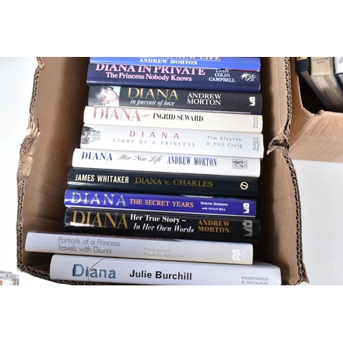 91 - TWO BOXES OF HARDBACK AND PAPERBACK BOOKS & EPHEMERA, mostly relating to Diana, Princess of Wales, t... 