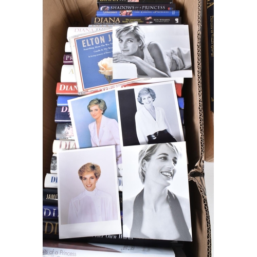 91 - TWO BOXES OF HARDBACK AND PAPERBACK BOOKS & EPHEMERA, mostly relating to Diana, Princess of Wales, t... 