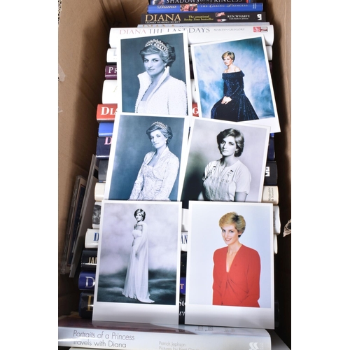 91 - TWO BOXES OF HARDBACK AND PAPERBACK BOOKS & EPHEMERA, mostly relating to Diana, Princess of Wales, t... 