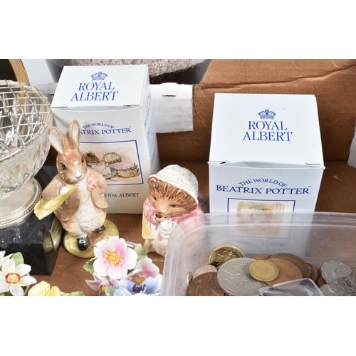 93 - A BOX AND LOOSE OF CERAMICS, COINS, GLASSWARE, ETC, including two boxed Royal Albert Beatrix Potter ... 