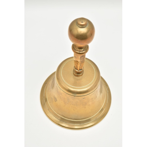 825A - A VICTORIAN STYLE BRASS SCHOOL BELL WITH ENGRAVED BRASS HANDLE, the spherical end on a tapering hexa... 