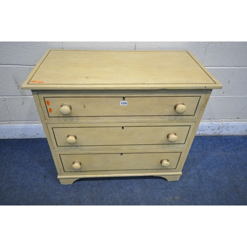 1310 - A 20TH CENTURY PAINTED PINE CHEST OF THREE DRAWERS, raised on bracket feet, width 85cm x depth 48cm ... 