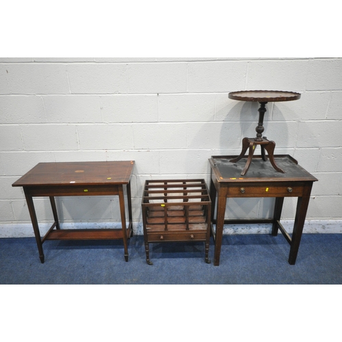 1311 - A GEORGIAN STYLE MAHOGANY AND INLAID SIDE TABLE, with square tapered legs and spade feet, united by ... 