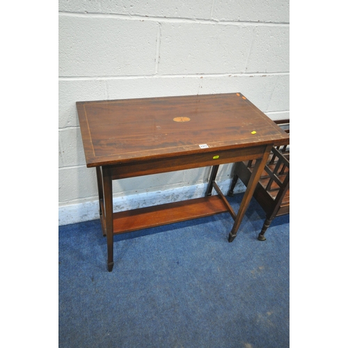 1311 - A GEORGIAN STYLE MAHOGANY AND INLAID SIDE TABLE, with square tapered legs and spade feet, united by ... 