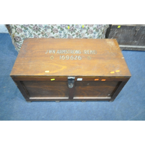 1313 - A 20TH CENTURY WOODEN TRAVELING TRUNK, reading J.W.N ARMSTRONG R.E.M.E 169626, with twin metal handl... 