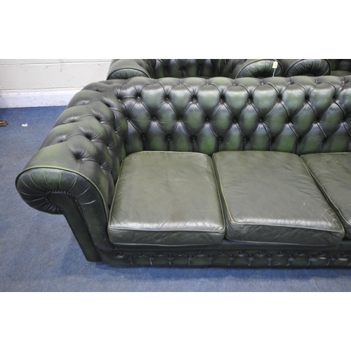 1319 - THOMAS LLOYD, A GREEN LEATHER CHESTERFIELD THREE PIECE SUITE, comprising a three seater sofa, length... 