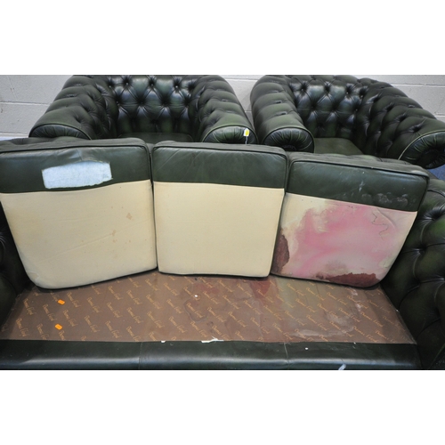 1319 - THOMAS LLOYD, A GREEN LEATHER CHESTERFIELD THREE PIECE SUITE, comprising a three seater sofa, length... 