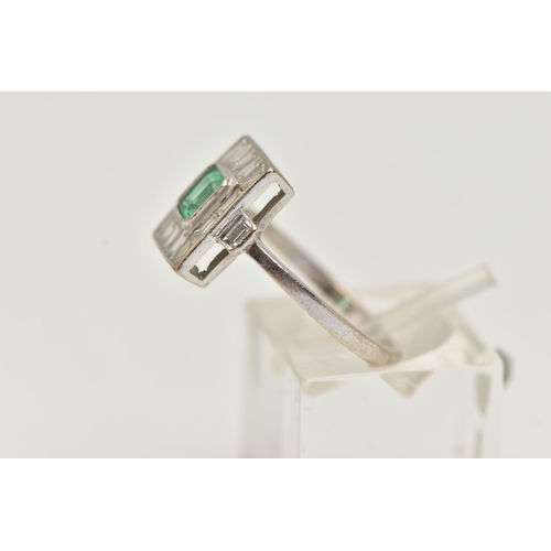 1 - A WHITE METAL EMERALD AND DIAMOND RING, Art Deco style, the centre set with an emerald cut emerald i... 