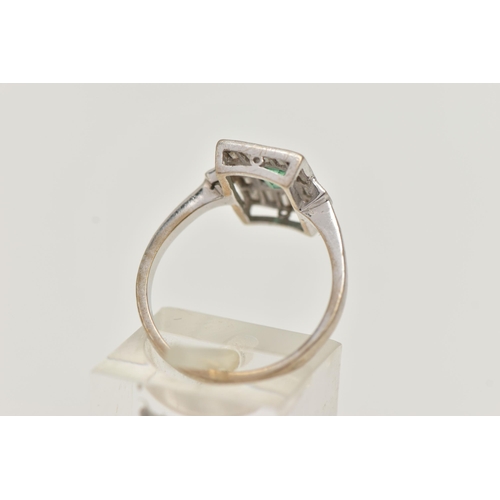 1 - A WHITE METAL EMERALD AND DIAMOND RING, Art Deco style, the centre set with an emerald cut emerald i... 