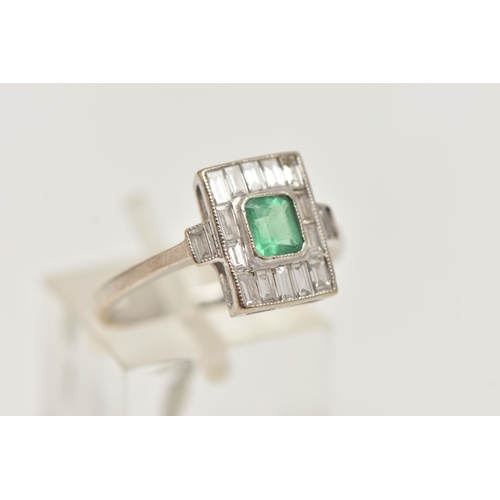 1 - A WHITE METAL EMERALD AND DIAMOND RING, Art Deco style, the centre set with an emerald cut emerald i... 