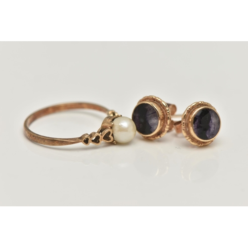 24 - A PAIR OF 9CT GOLD EARRINGS AND A 9CT GOLD RING, a pair of Blue John and yellow gold earrings, hallm... 