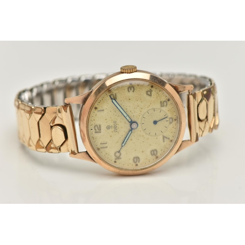 27 - A 9CT GOLD 'TUDOR' WRISTWATCH, hand wound movement, round dial signed 'Tudor', Arabic numerals, subs... 