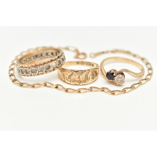 36 - A 9CT GOLD BRACELET AND THREE RINGS, a yellow gold elongated curb link bracelet, fitted with a sprin... 