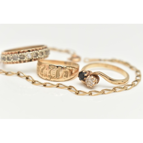 36 - A 9CT GOLD BRACELET AND THREE RINGS, a yellow gold elongated curb link bracelet, fitted with a sprin... 