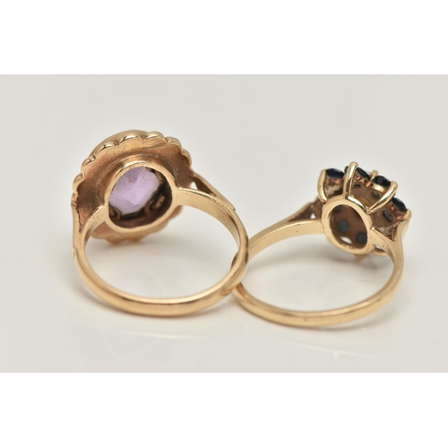 37 - TWO GEM SET RINGS, the first an oval opal set with a surround of circular cut sapphires, prong set i... 