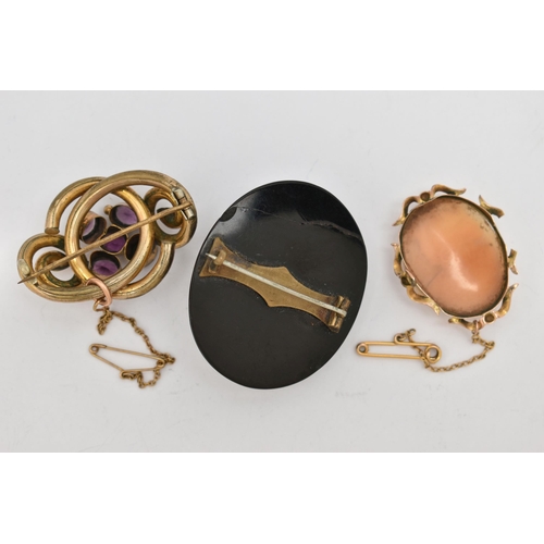 39 - THREE BROOCHES, the first an AF shell cameo brooch collet set in yellow metal with scrolling detail,... 