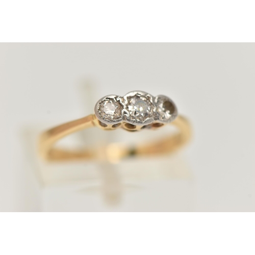 44 - A DIAMOND THREE STONE RING, set with graduating transition cut diamonds, measuring from approximatel... 