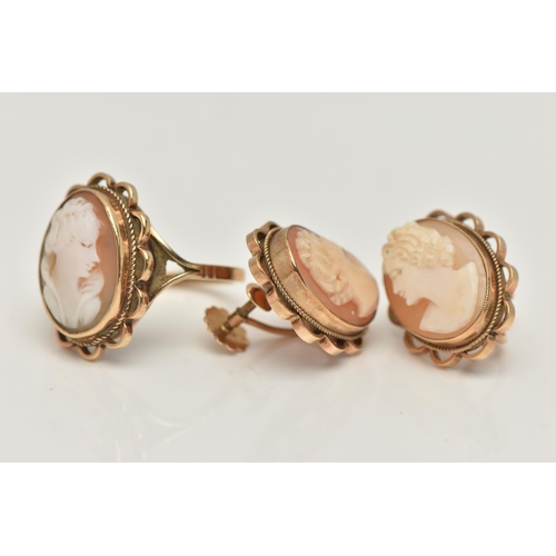 47 - A PAIR OF SHELL CAMEO EARRINGS AND SHELL CAMEO RING, each designed as a shell cameo carved to depict... 