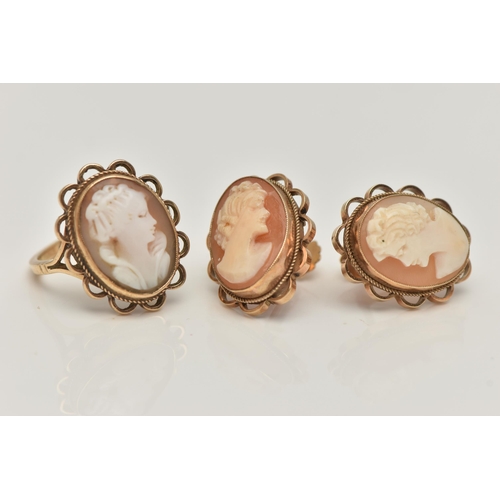 47 - A PAIR OF SHELL CAMEO EARRINGS AND SHELL CAMEO RING, each designed as a shell cameo carved to depict... 