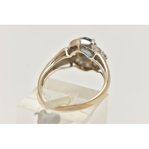 51 - A WHITE METAL SAPPHIRE AND DIAMOND RING, set with an oval cut sapphire, measuring approximately 7.05... 