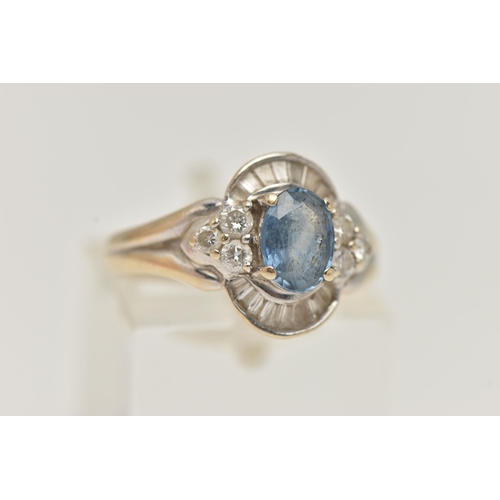 51 - A WHITE METAL SAPPHIRE AND DIAMOND RING, set with an oval cut sapphire, measuring approximately 7.05... 