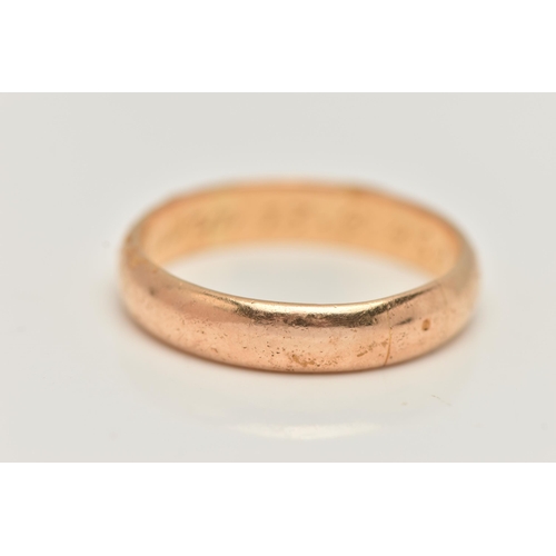 61 - A BAND RING, of plain D-shape design, with personal engraving to the inner band, stamp rubbed, belie... 