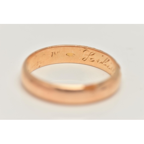 61 - A BAND RING, of plain D-shape design, with personal engraving to the inner band, stamp rubbed, belie... 