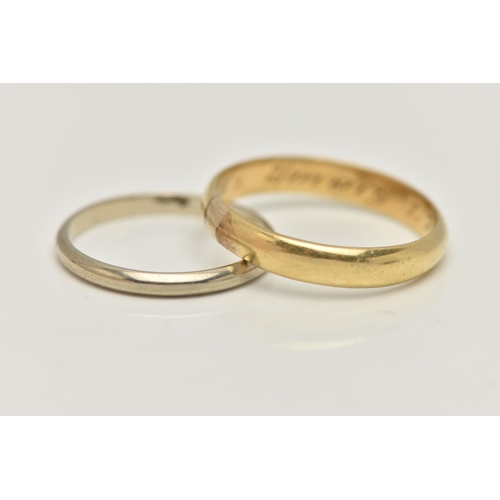 62 - TWO BAND RINGS, both of plain D-shape design, the first yellow gold in colour with personal engravin... 