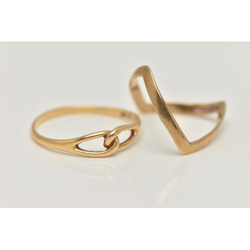 63 - TWO RINGS, the first a 9ct gold V-shape band ring, 9ct hallmark, approximate ring size O, approximat... 