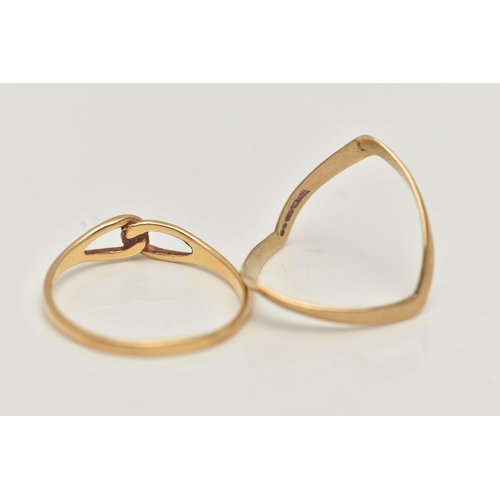 63 - TWO RINGS, the first a 9ct gold V-shape band ring, 9ct hallmark, approximate ring size O, approximat... 