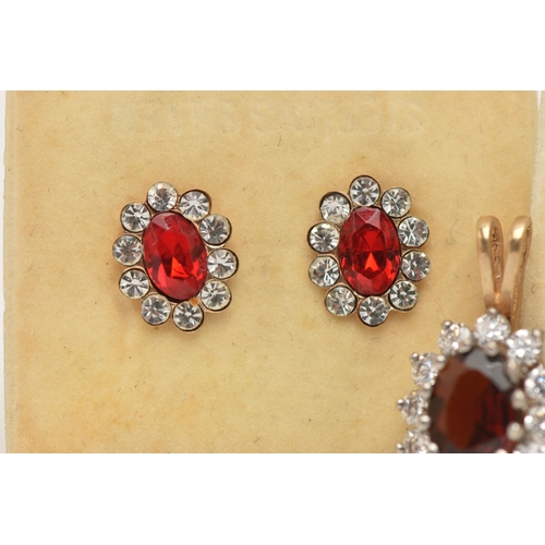 66 - TWO PAIRS OF EARRINGS AND A PENDANT, the 9ct gold cluster pendant with central oval red gem assessed... 