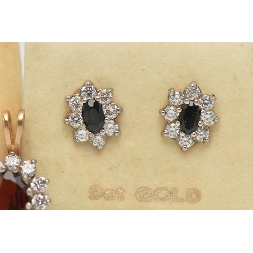 66 - TWO PAIRS OF EARRINGS AND A PENDANT, the 9ct gold cluster pendant with central oval red gem assessed... 