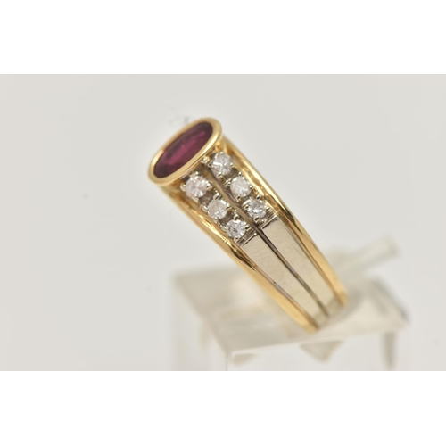 68 - A RUBY AND DIAMOND RING, designed as an oval cut ruby in a collet setting, flanked by two rows of si... 