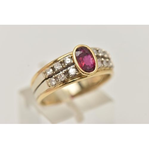 68 - A RUBY AND DIAMOND RING, designed as an oval cut ruby in a collet setting, flanked by two rows of si... 