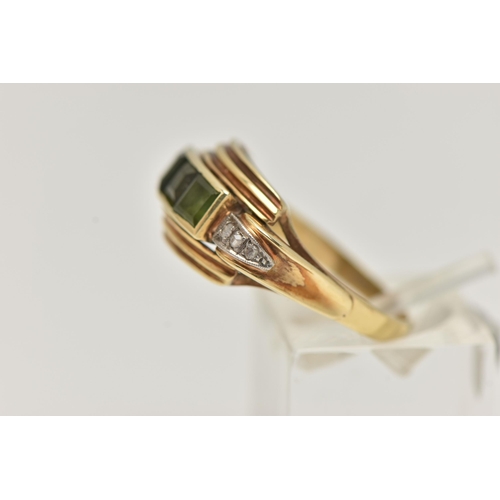 69 - A TOURMALINE AND DIAMOND RING, designed as three square cut tourmalines in a channel setting, with r... 