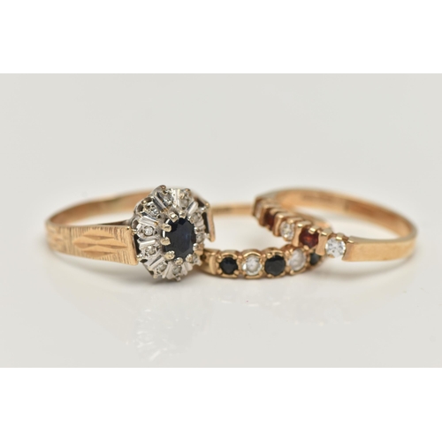 71 - THREE 9CT GOLD GEM SET RINGS, the first a sapphire and diamond cluster ring, the second a seven ston... 