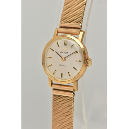 72 - AN 18CT GOLD LADY'S OMEGA WATCH, WITH CASE, the circular silver coloured face with baton markers, st... 