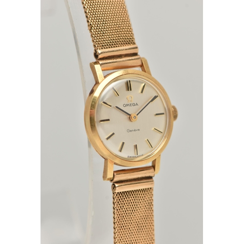 72 - AN 18CT GOLD LADY'S OMEGA WATCH, WITH CASE, the circular silver coloured face with baton markers, st... 