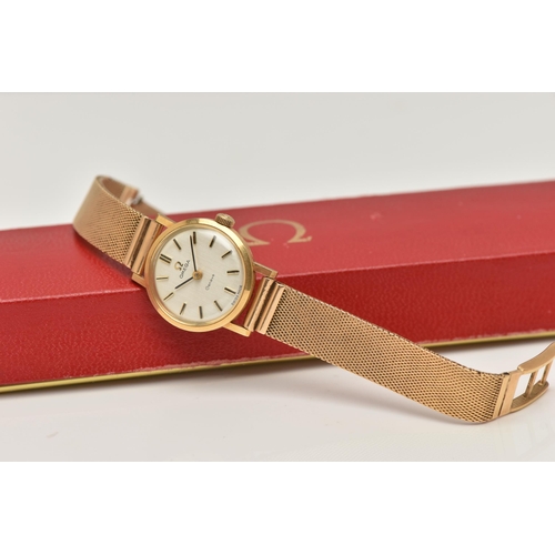 72 - AN 18CT GOLD LADY'S OMEGA WATCH, WITH CASE, the circular silver coloured face with baton markers, st... 