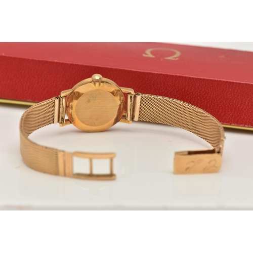 72 - AN 18CT GOLD LADY'S OMEGA WATCH, WITH CASE, the circular silver coloured face with baton markers, st... 