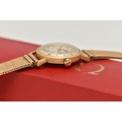 72 - AN 18CT GOLD LADY'S OMEGA WATCH, WITH CASE, the circular silver coloured face with baton markers, st... 