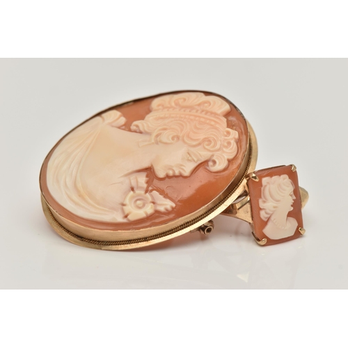 74 - A 9CT GOLD CAMEO RING AND A CAMEO BROOCH, the rectangular carved shell cameo, depicting a lady in pr... 