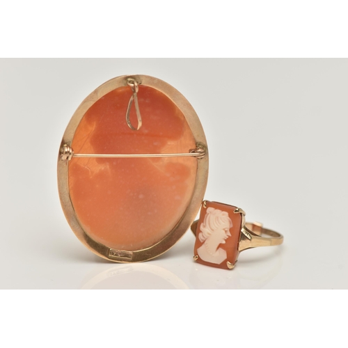 74 - A 9CT GOLD CAMEO RING AND A CAMEO BROOCH, the rectangular carved shell cameo, depicting a lady in pr... 