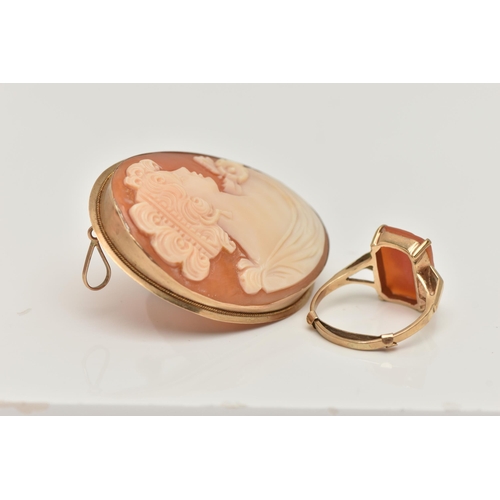 74 - A 9CT GOLD CAMEO RING AND A CAMEO BROOCH, the rectangular carved shell cameo, depicting a lady in pr... 