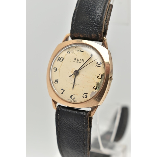 84 - A GENTS 9CT GOLD 'AVIA' WRISTWATCH, manual wind (missing crown), round cream dial signed 'Avia 17 Je... 