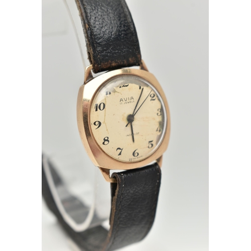 84 - A GENTS 9CT GOLD 'AVIA' WRISTWATCH, manual wind (missing crown), round cream dial signed 'Avia 17 Je... 